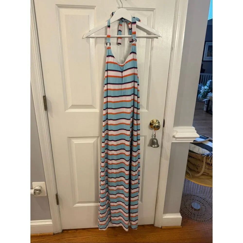 Tommy Bahama Multi Stripe Halter Tie Maxi Dress Built in Bra sz M EUC